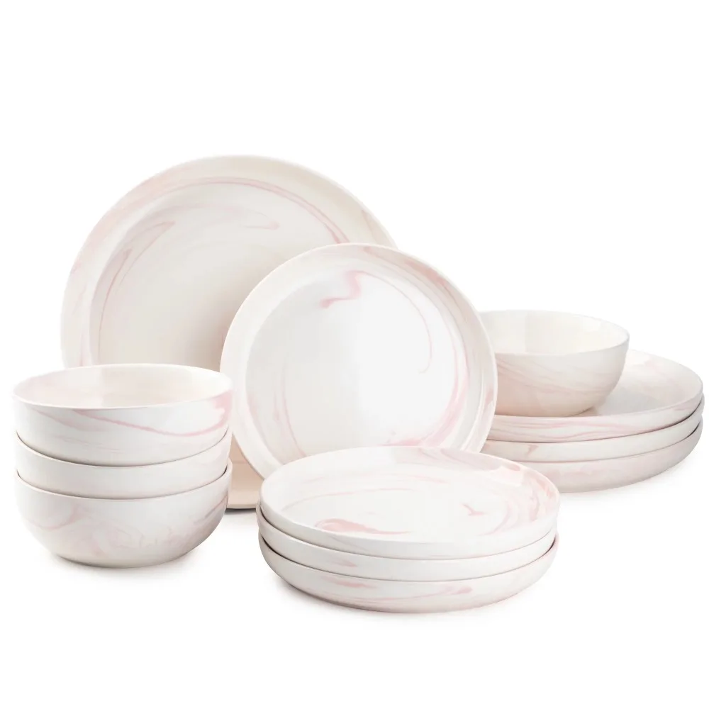 Столовая посуда из розового мрамора, набор из 12 предметов, набор тарелок для домашнего ужина, наборы посуды и тарелок