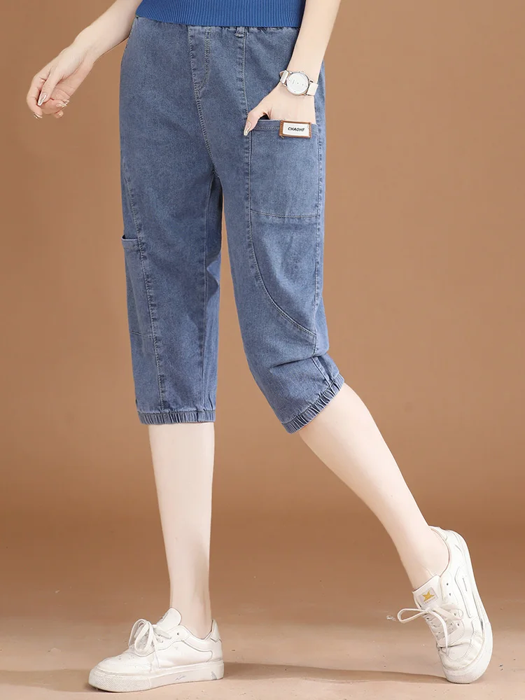 Женские джинсы HCXR 2023, Летние Джинсы-скинни с высокой талией, женские повседневные женские брюки длиной до икр