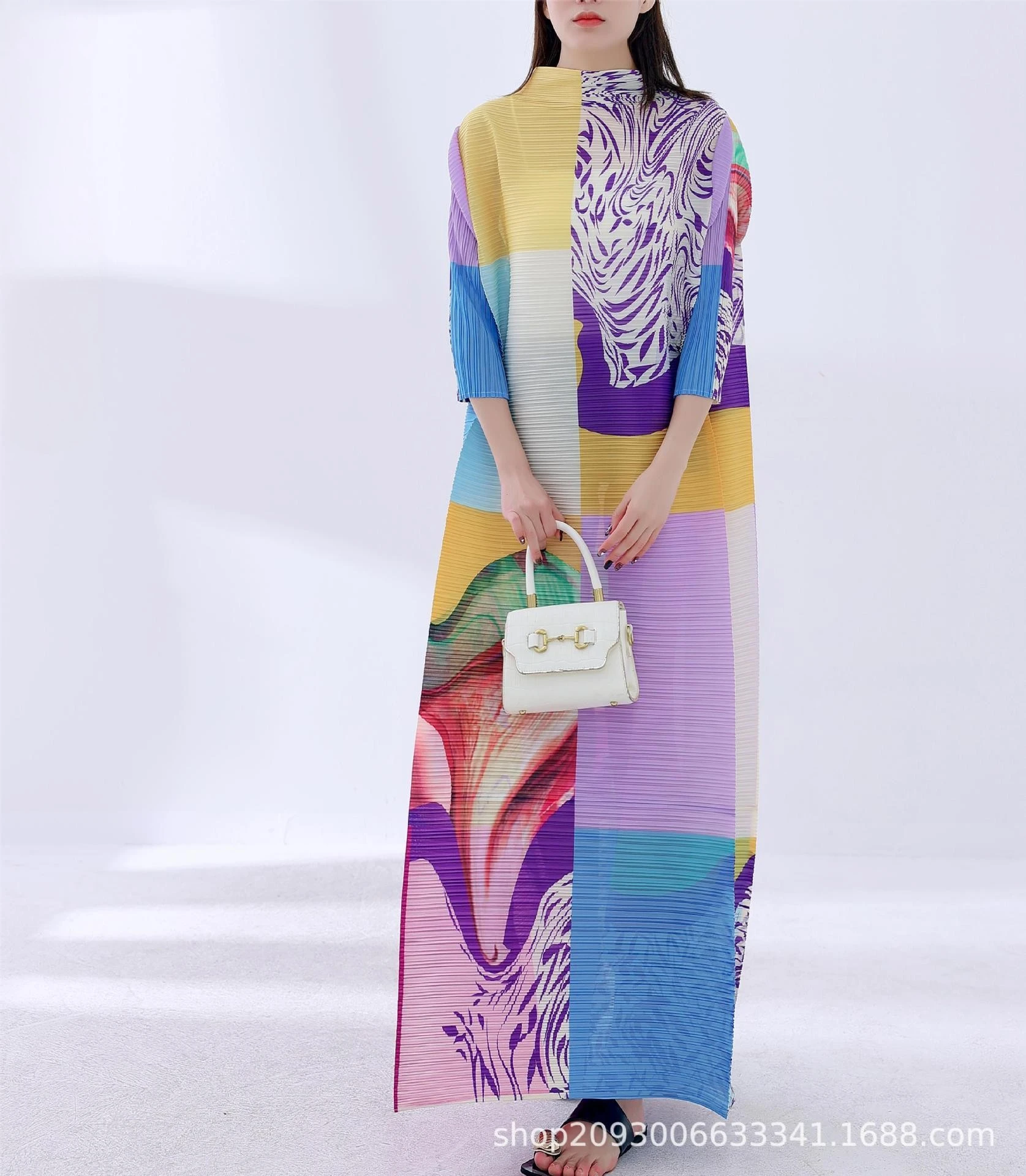 Женское плиссированное платье Ansman Miyake со стоячим вырезом и длинным рукавом, платье с геометрическим принтом в цветном блоке, свободная мода 2023, весна