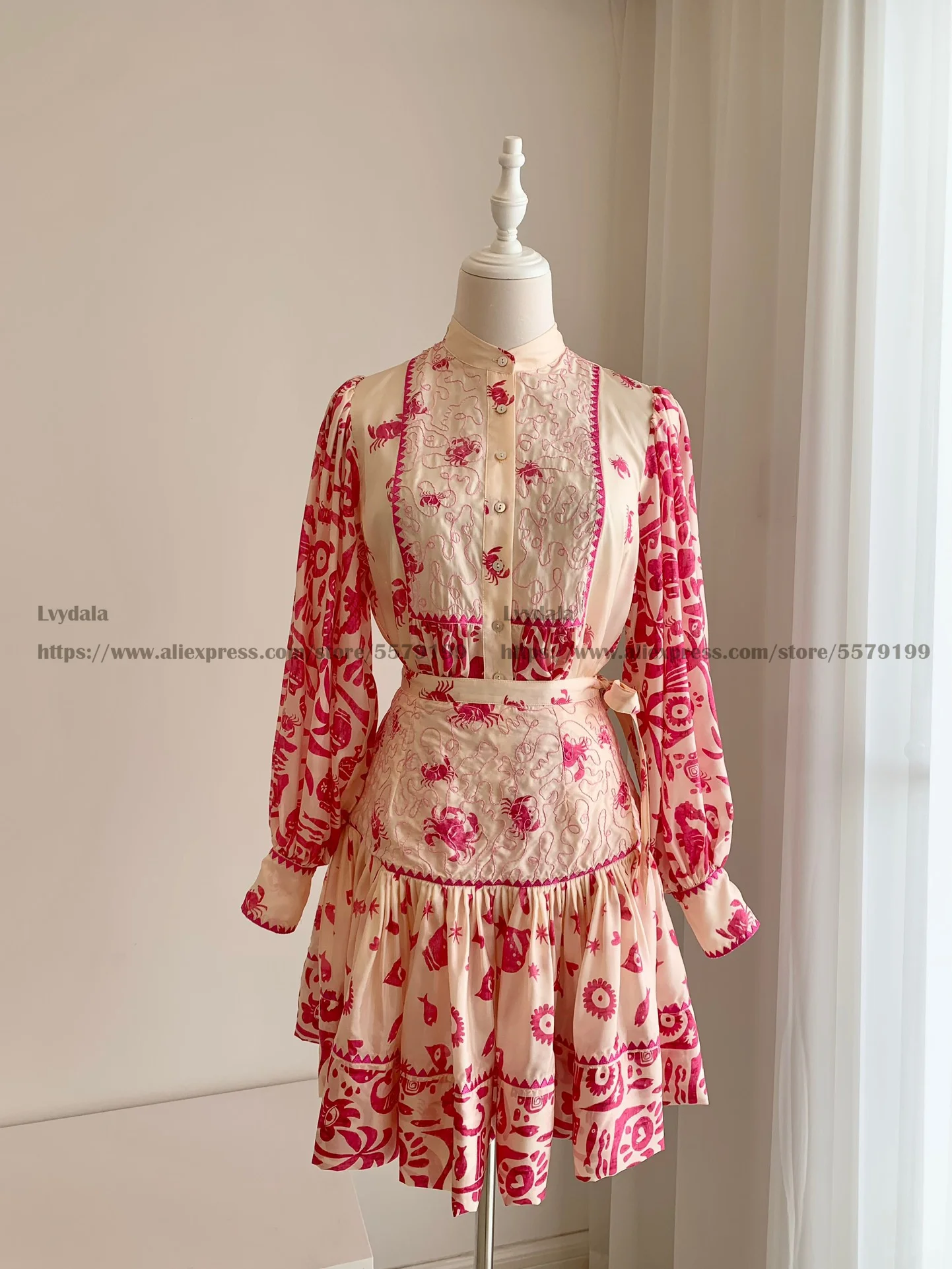 Lvydala 2023, Новая осенняя женская шелковая блузка с розовым принтом с длинным рукавом и юбкой с высокой талией